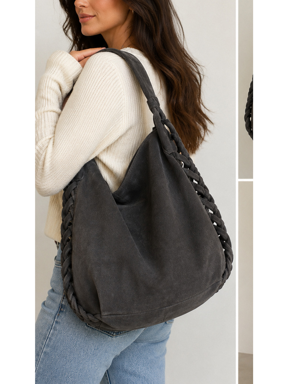 Reserved 100% Suede Leather Fray Hobo Shoulder Bag L Braided Side Slouch Tote